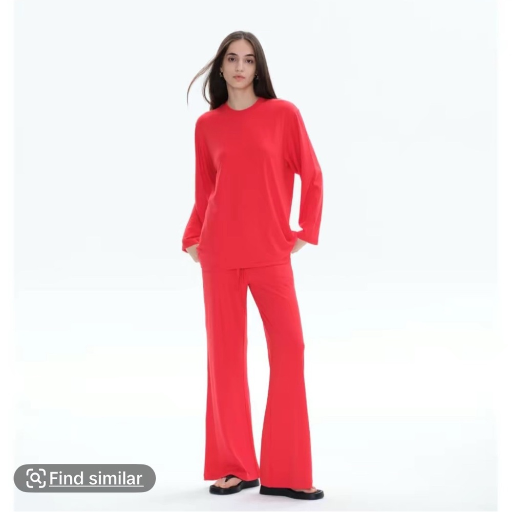 Pumiey Vibrant Red Wide Leg Lounge Set with Flowing Silhouette